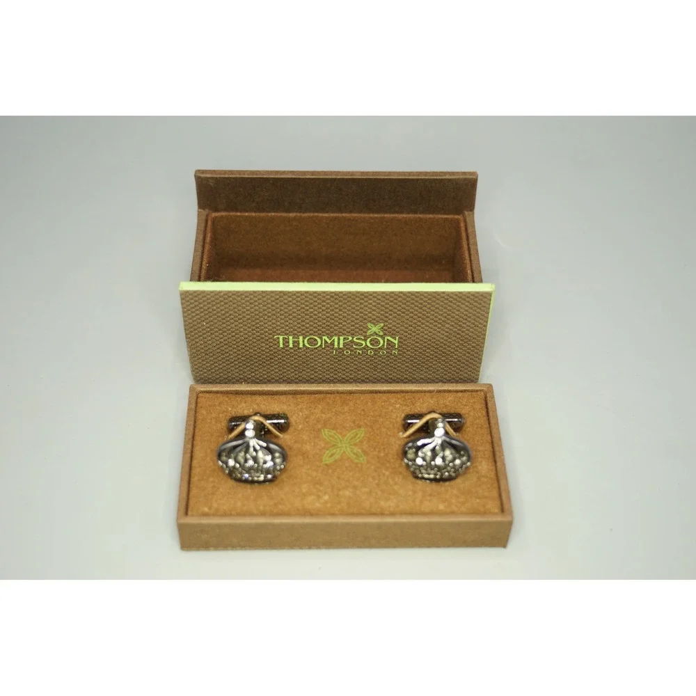 Thompson London Crown Cufflinks Gunmetal Crystal‎ Royal King Formal Mens Jewelry